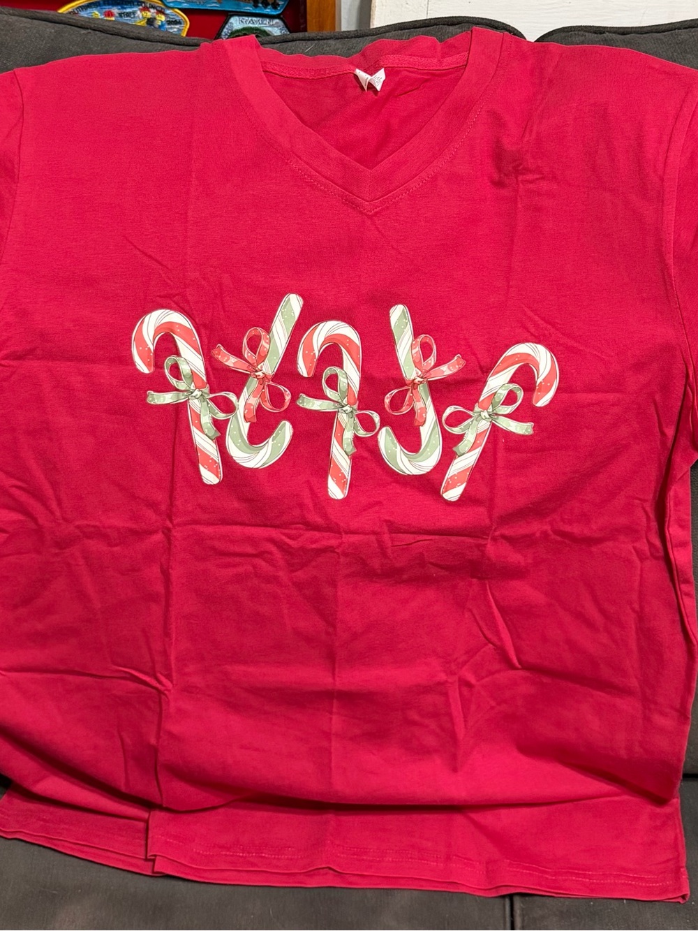 Red V-Neck Holiday Candy Cane T-Shirt